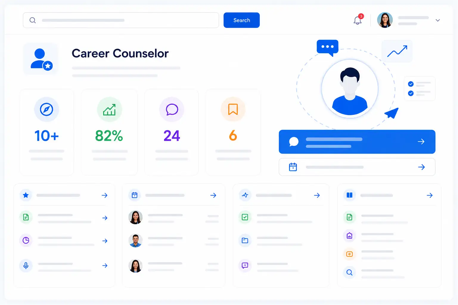 Career counsellor dashboard with booked sessions and personalised plans