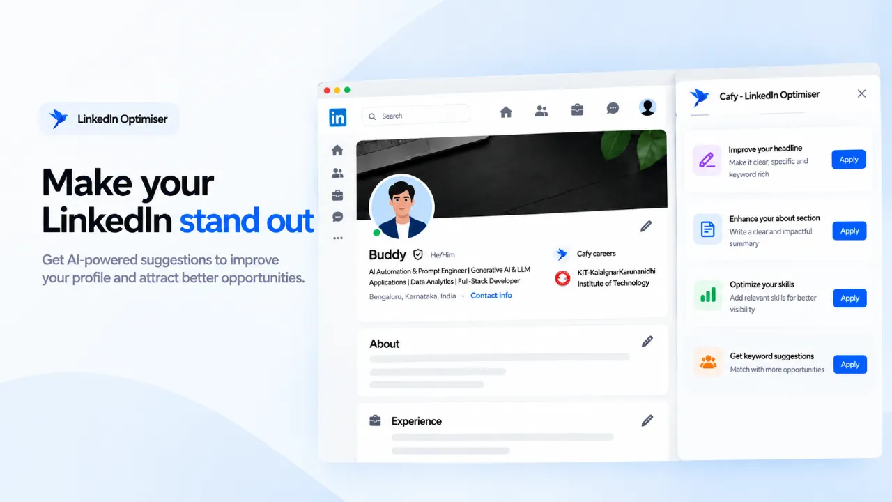 LinkedIn profile optimiser showing headline and About recommendations