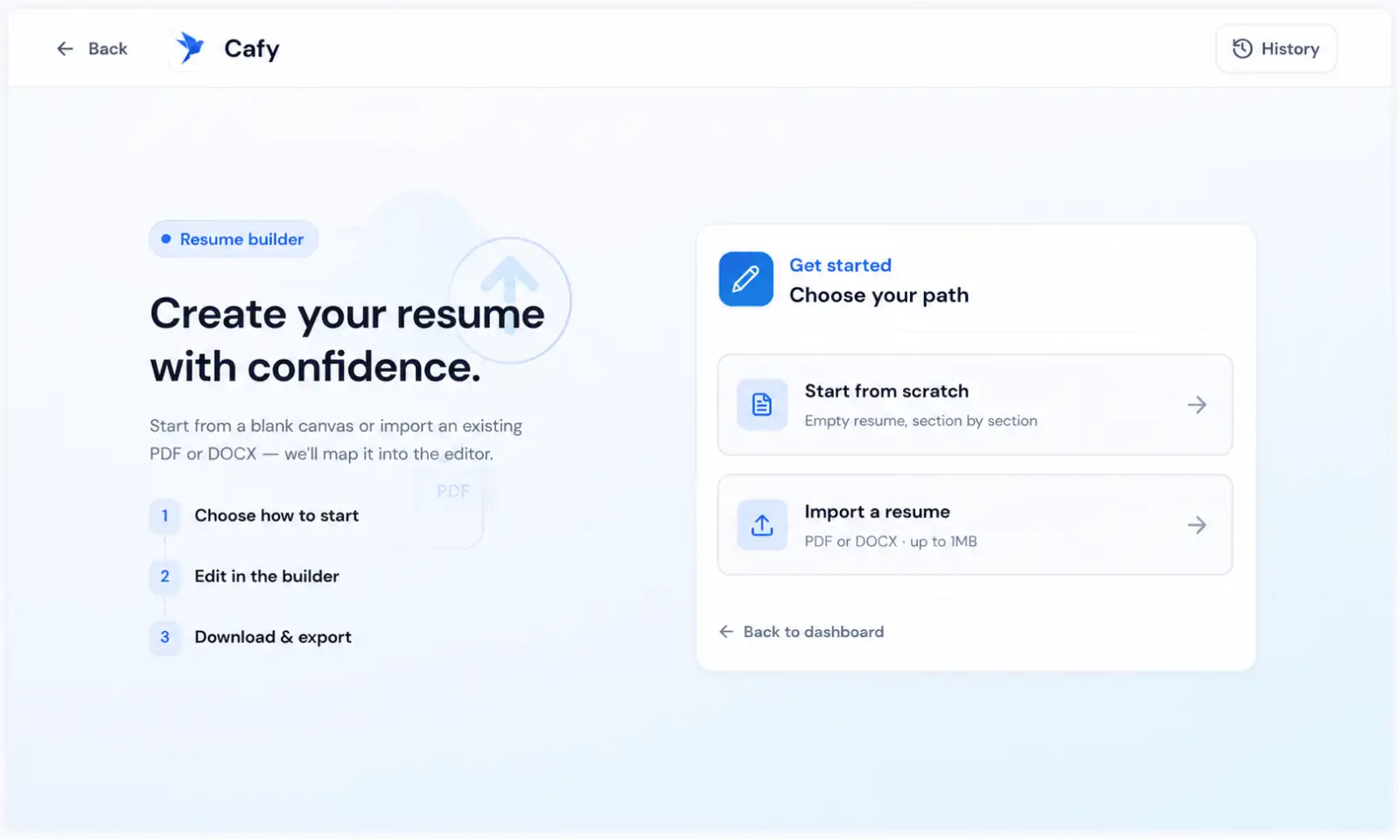 CV builder start screen: build a CV from scratch or import an existing one