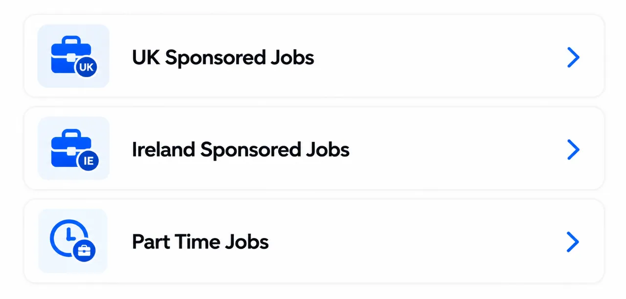 Job board menu with UK sponsored jobs, Ireland sponsored jobs and part-time jobs
